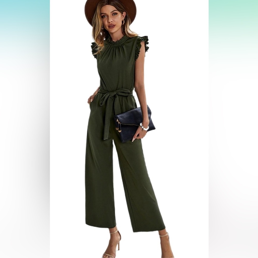Butterfly sleeve tie waist jumpsuit Army Green Size XL